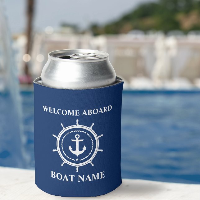 Nautical Boat Name Anchor Rope Helm Welcome Aboard Can Cooler (Customize to change text size or text style.)