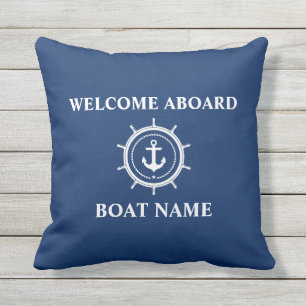 Nautical Boat Name Anchor Rope Helm Welcome Blue Cushion