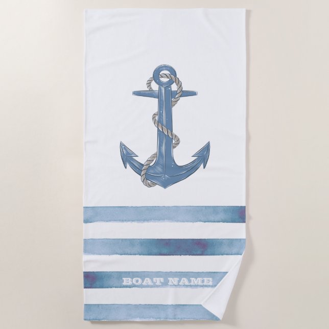 Nautical Boat Name,Anchor,Rope,Light Blue Stripes  Beach Towel (Front)