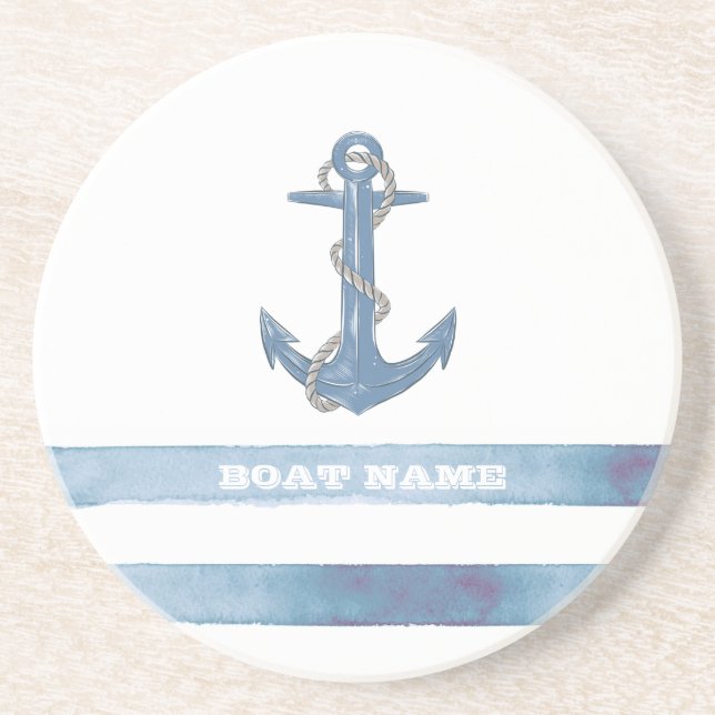 Nautical Boat Name,Anchor,Rope,Light Blue Stripes  Coaster (Front)