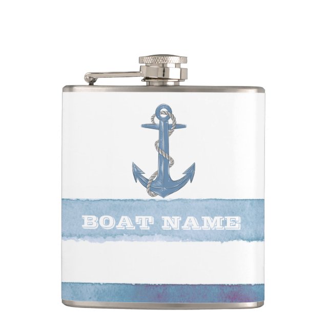 Nautical Boat Name,Anchor,Rope,Light Blue Stripes  Hip Flask (Front)