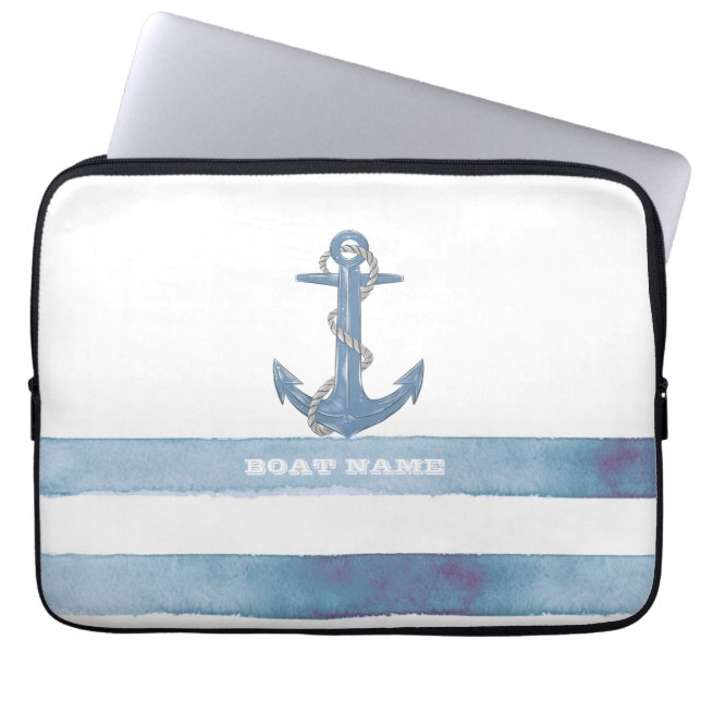 Nautical Boat Name,Anchor,Rope,Light Blue Stripes  Laptop Sleeve (Front)