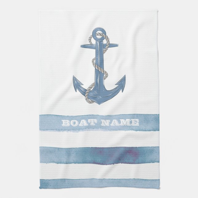 Nautical Boat Name,Anchor,Rope,Light Blue Stripes  Tea Towel (Vertical)