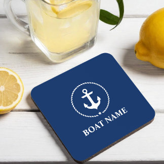 Nautical Boat Name Anchor Rope Navy Blue Coaster