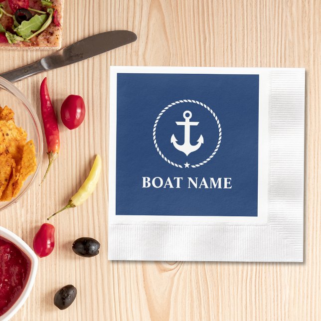 Nautical Boat Name Anchor Rope Navy Blue Cocktail Napkin (Customize to change background color, text size or text style. )
