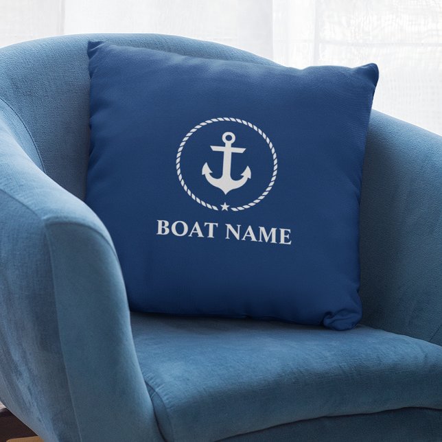 Nautical Boat Name Anchor Rope Navy Blue Cushion (Customize to change text size or text style.)