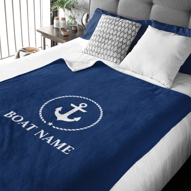 Nautical Boat Name Anchor Rope Navy Blue Medium Fleece Blanket (Customize to change text size, text style or background color. Choose from different sizes.)