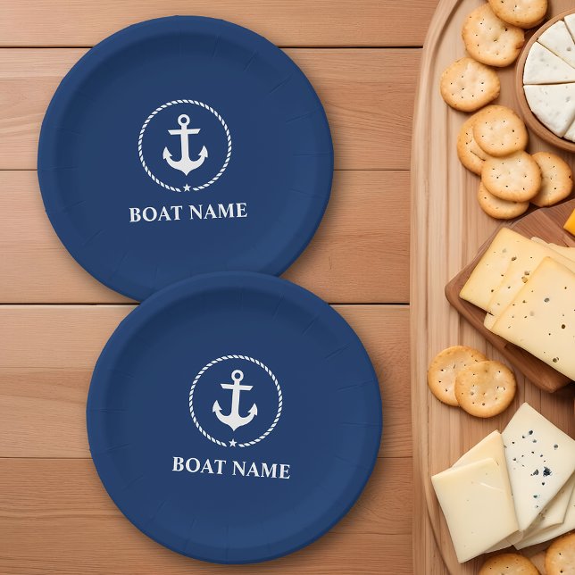 Nautical Boat Name Anchor Rope Navy Blue Paper Plate (Customize to change text size, text style or background color.)