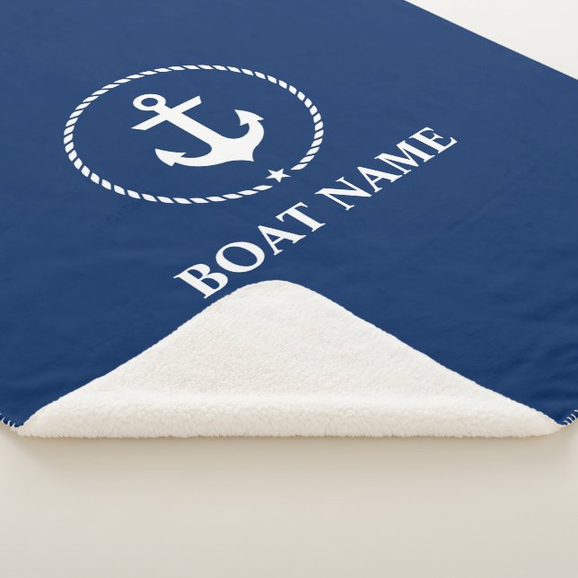 Nautical Boat Name Anchor Rope Navy Blue Sherpa Blanket (3/4)