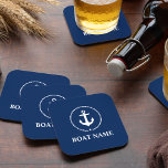 Nautical Boat Name Anchor Rope Navy Blue Square Paper Coaster<br><div class="desc">Nautical Boat Name Anchor Rope Navy Blue Coaster Square</div>