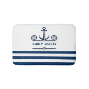 Nautical Boat Name,Anchor,Rope, Navy Blue Stripes Bath Mat