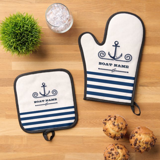 Nautical Boat Name,Anchor,Rope, Navy Blue Stripes Oven Mitt & Pot Holder Set (Top Down)