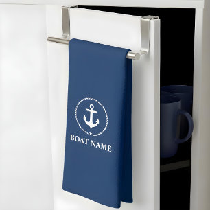Nautical Boat Name Anchor Rope Navy Blue Tea Towel