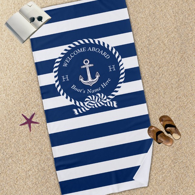 Nautical Boat Name Anchor Rope Navy Blue Welcome  Beach Towel (Creator Uploaded)