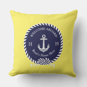 Nautical Boat Name Anchor Rope Navy Blue Welcome Cushion