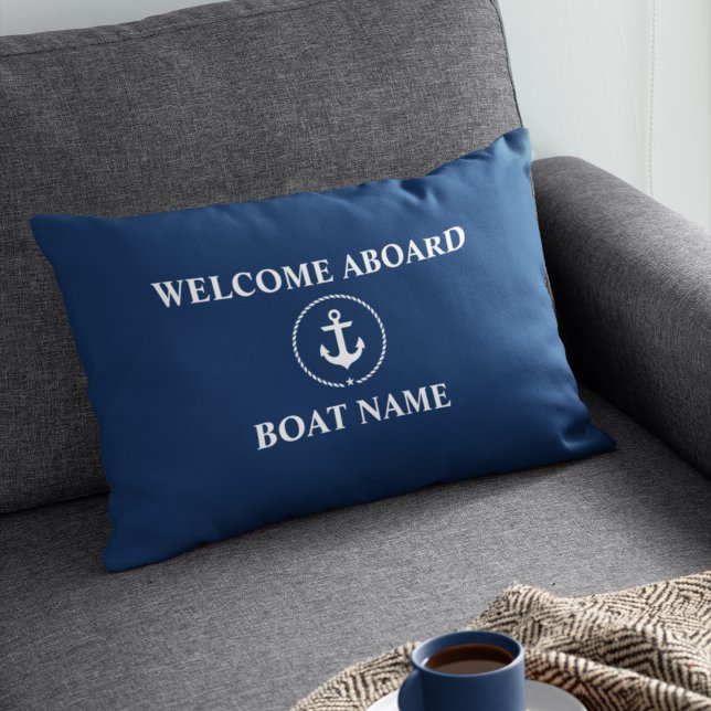 Nautical Boat Name Anchor Rope Navy Blue Welcome Decorative Cushion (Customize to change text size or text style.)