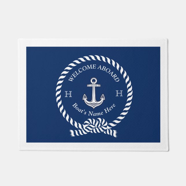 Nautical Boat Name Anchor Rope Navy Blue Welcome   Doormat (Front)