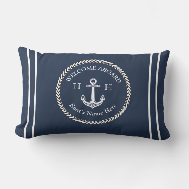 Nautical Boat Name Anchor Rope Navy Blue Welcome L Lumbar Cushion (Front)