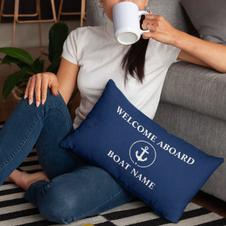 Nautical Boat Name Anchor Rope Navy Blue Welcome Lumbar Cushion