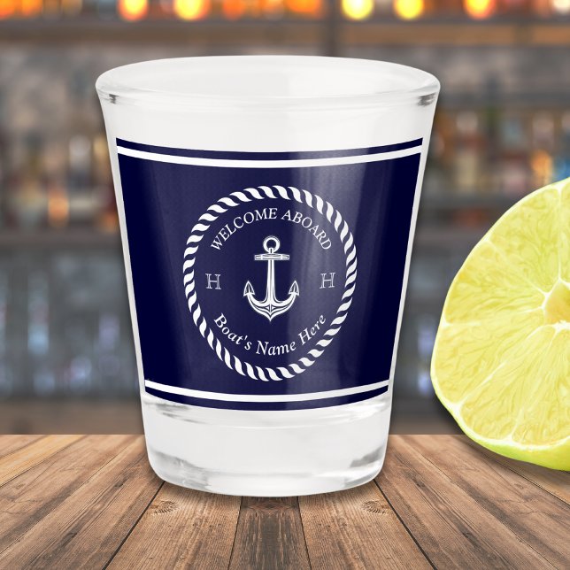 Nautical Boat Name Anchor Rope Navy Blue White  Shot Glass (Creator Uploaded)
