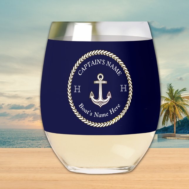 Nautical Boat Name Anchor Rope Navy Blue White  Stemless Wine Glass (Creator Uploaded)