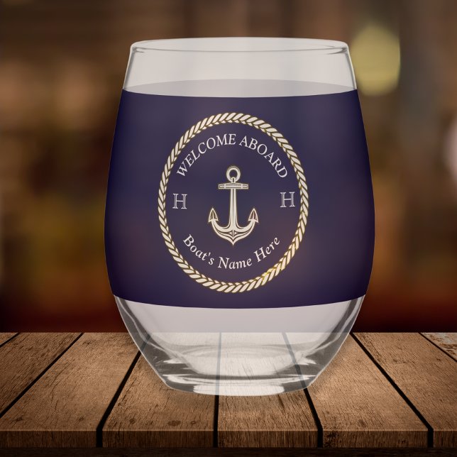 Nautical Boat Name Anchor Rope Navy Blue White  Stemless Wine Glass (Creator Uploaded)
