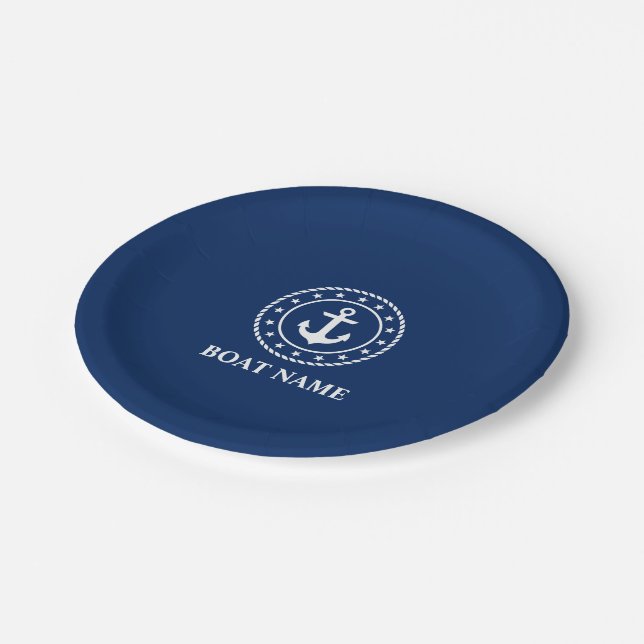 Nautical Boat Name Anchor Rope Stars Navy Blue Paper Plate (Angled)