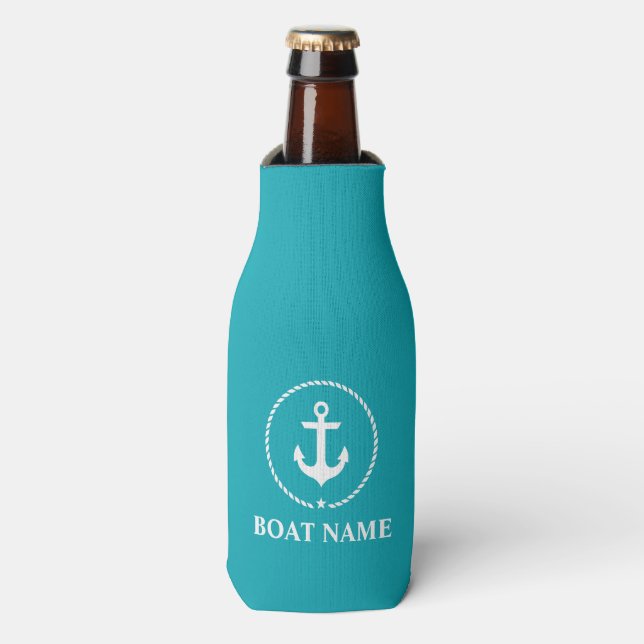 Nautical Boat Name Anchor Rope Turquoise Blue Bottle Cooler (Bottle Front)