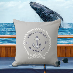 Nautical Boat Name Anchor Rope Welcome grey Cushion