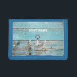 Nautical Boat Name Anchor Rustic Wood Trifold Wallet<br><div class="desc">This image features a boat name,  and anchor on rustic wood background.</div>