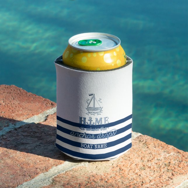 Nautical Boat Name,Anchor Sea Navy Blue Striped Can Cooler (In Situ Pool)