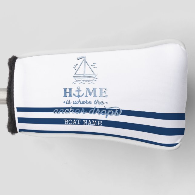 Nautical Boat Name,Anchor Sea Navy Blue Striped Golf Head Cover (Front)
