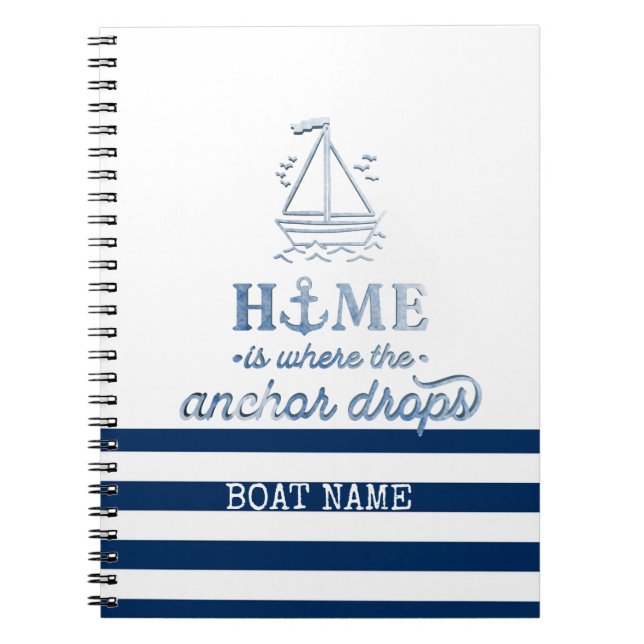 Nautical Boat Name,Anchor Sea Navy Blue Striped Notebook (Front)