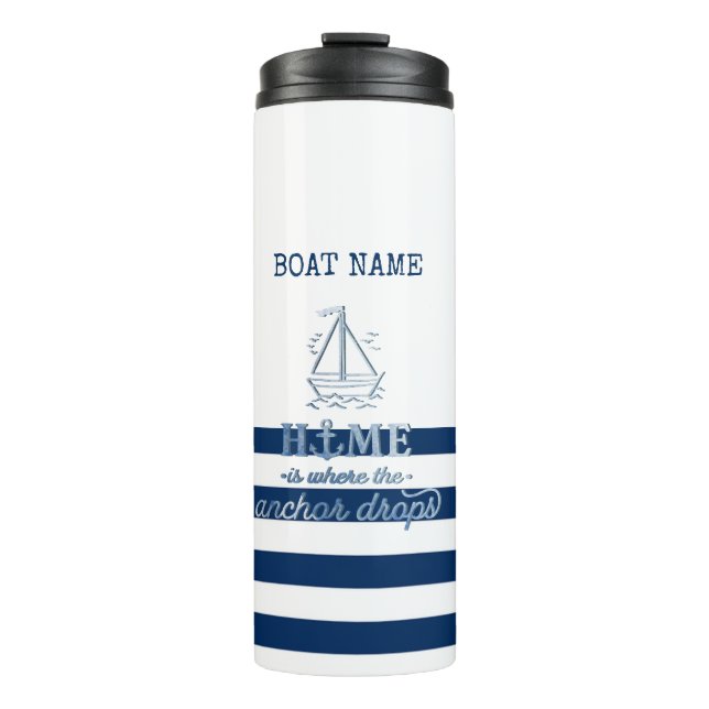 Nautical Boat Name,Anchor Sea Navy Blue Striped Thermal Tumbler (Front)