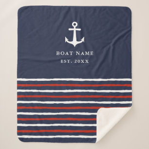 Nautical Boat Name Anchor Stripes Navy Blue Sherpa Blanket