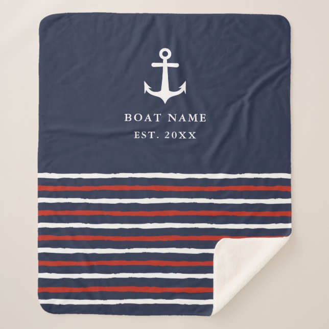 Nautical Boat Name Anchor Stripes Navy Blue Sherpa Blanket (Front)