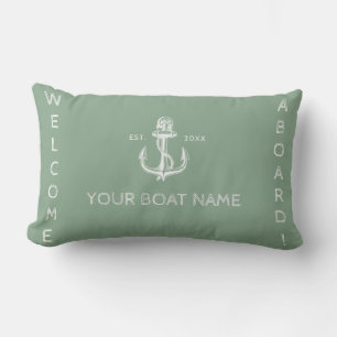 Nautical boat name anchor welcome sea green lumbar cushion