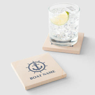Nautical Boat Name Anchor Wheel Stone Coaster