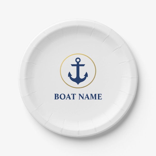 Nautical Boat Name Anchor White G Paper Plate (Front)