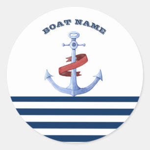 Nautical Boat Name,Blue Anchor Navy Blue Striped Classic Round Sticker