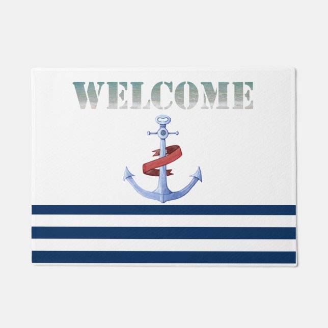 Nautical Boat Name,Blue Anchor Navy Blue Striped Doormat (Front)