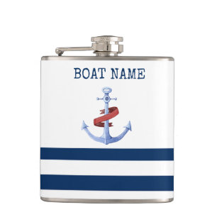 Nautical Boat Name,Blue Anchor Navy Blue Striped Hip Flask