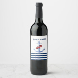 Nautical Boat Name,Blue Anchor Navy Blue Striped Wine Label