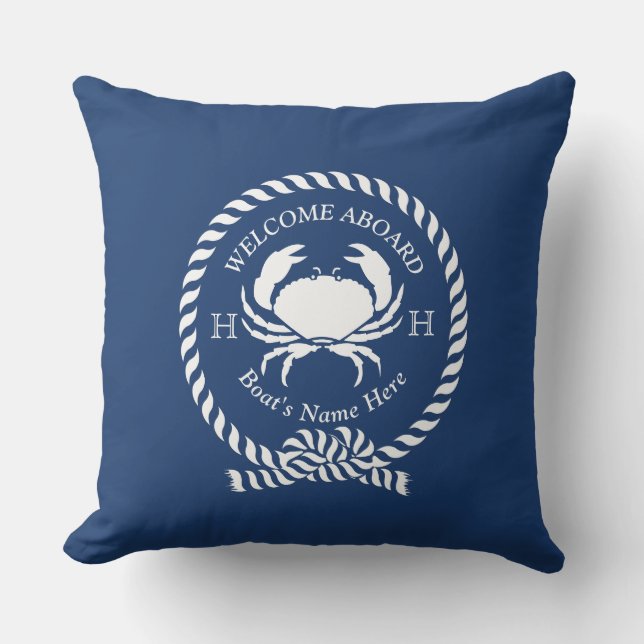 Nautical Boat Name Crab Rope Navy Blue Welcome Cushion (Front)