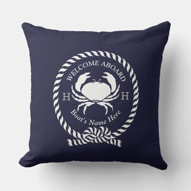 Nautical Boat Name Crab Rope Navy Blue Welcome Out Cushion (Front)