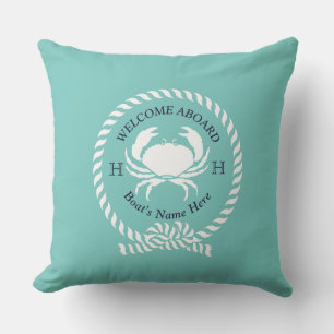 Nautical Boat Name Crab Rope Teal Blue Welcome Cushion