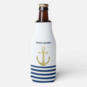 Nautical Boat Name,Gold Anchor Navy Blue Striped Bottle Cooler