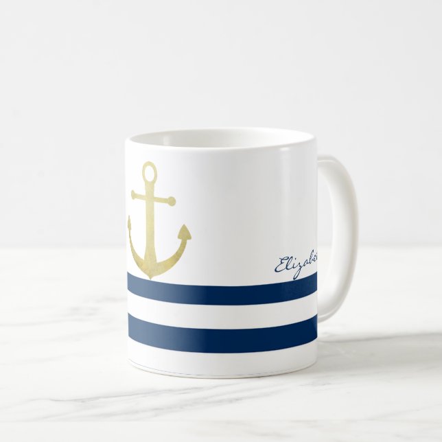 Nautical Boat Name,Gold Anchor Navy Blue Stripes Coffee Mug (Front Right)