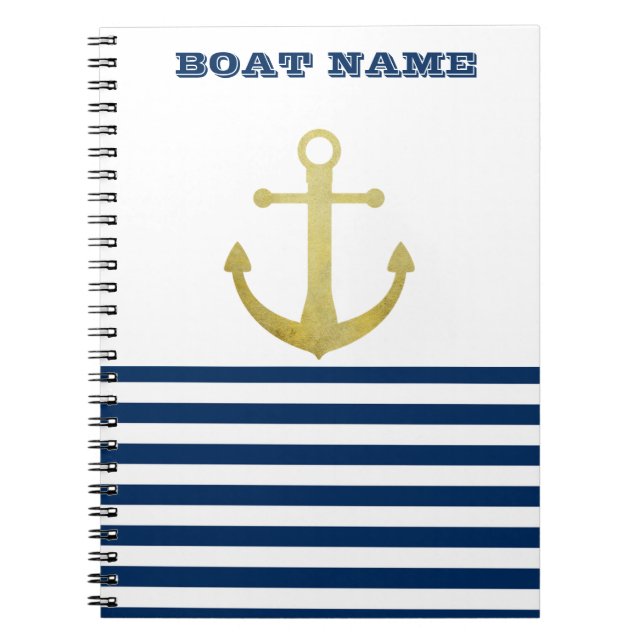 Nautical Boat Name,Gold Anchor Navy Blue Stripes Notebook (Front)