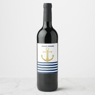 Nautical Boat Name,Gold Anchor Navy Blue Stripes Wine Label